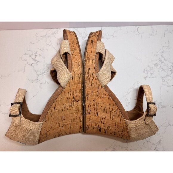 TOMS Sienna Wedge Sandals Women’s Size 9.5 Canvas Crisscross Open Toe Cork Tan - Picture 9 of 11